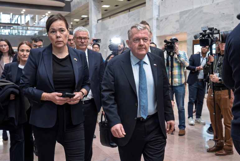 Greenland Foreign Minister Vivian Motzfeldt, left, and Danish Foreign Minister Lars Løkke Rasmussen, arrive on Capitol Hill to meet with members of the Senate Arctic Caucus, in Washington, Wednesday, Jan. 14, 2026.
