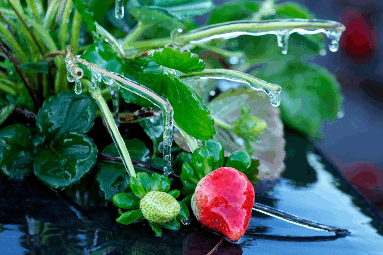 A protective coating of ice clings to a strawberry plant in sub-freezing temperatures at a field on Friday in Plant City, Fla.