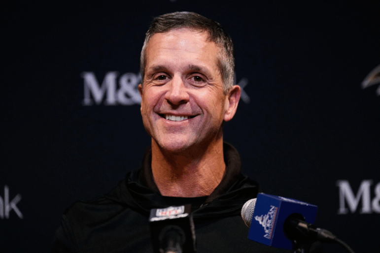 Baltimore Ravens head coach John Harbaugh speaks during a press conference after an NFL football game against the Cincinnati Bengals on Dec. 14, 2025, in Cincinnati.