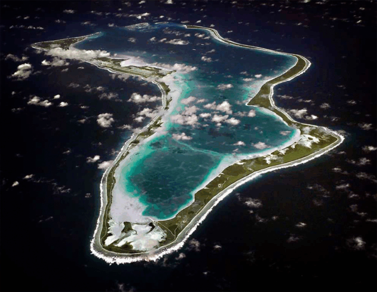 This image released by the U.S. Navy shows an aerial view of Diego Garcia.
