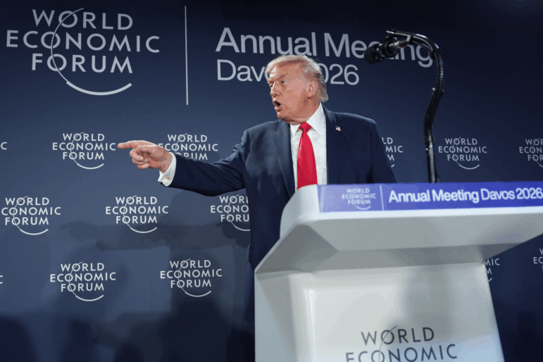 President Trump speaks at the World Economic Forum in Davos, Switzerland, on Wednesday. The president said he wouldn't use force to take control of Greenland. But his remarks were again highly critical of U.S. allies in Europe and elsewhere.