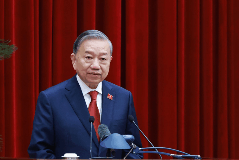 Vietnam's General Secretary of the Communist Party To Lam speaks after being re-elected to the position following a National Congress in Hanoi, Vietnam, Friday, Jan. 23, 2026.