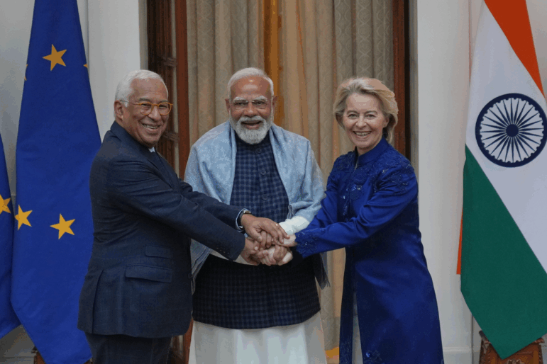 Indian Prime Minister Narendra Modi (center) welcomes European Council President Antonio Costa (left) and European Commission President Ursula von der Leyen before their meeting in New Delhi, India, Tuesday.