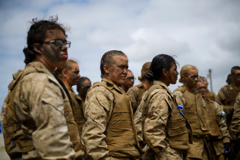 United States Marine Corps recruits from Lima Company, the first gender integrated training class in San Diego, receive a safety briefing on April 21, 2021 at Camp Pendleton in San Diego County, California.