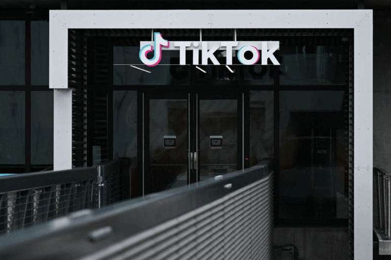 The TikTok logo is displayed outside TikTok social media app company offices in Culver City, California, on March 16, 2023.