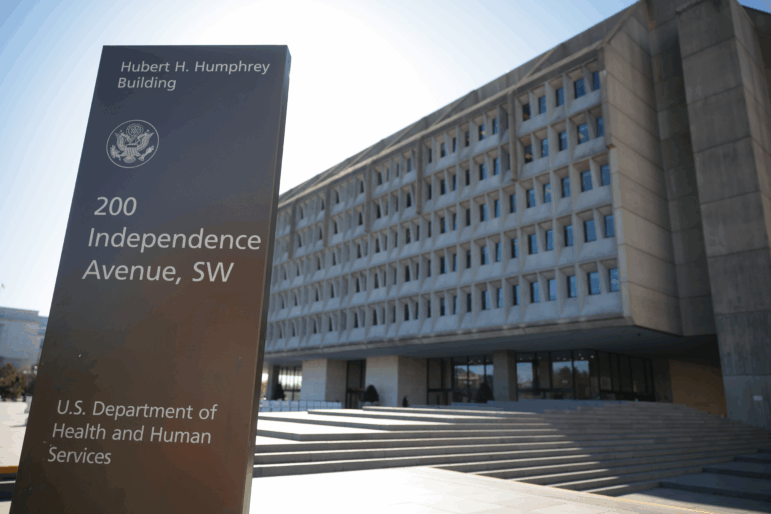 The U.S. Department of Health and Human Services building is seen on March 27, 2025 in Washington, DC. Officials at the Department of Health and Human Services offered no explanation of its decision to terminate and later restore grant money for mental health and addiction programs.