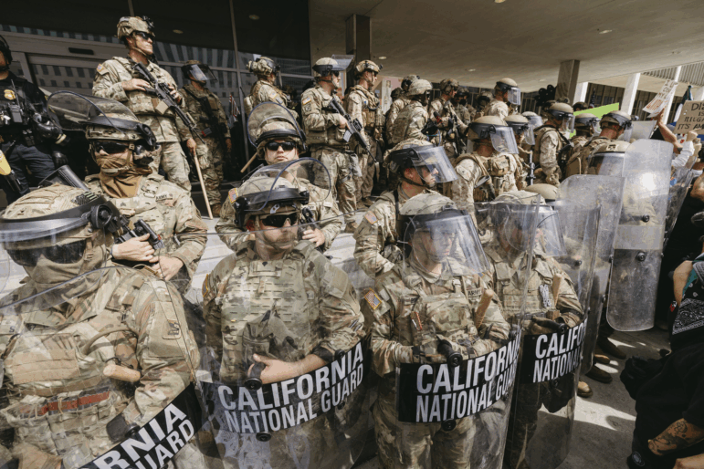 California National Guard members stand in formation during the protest in Los Angeles, California on June 14, 2025.