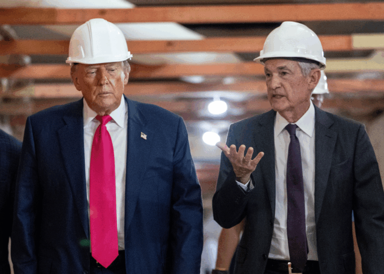 President Trump and Federal Reserve chairman Jerome Powell toured the central bank's headquarters last summer. Trump has complained about cost overruns on the central bank's renovation project, while also pressing the Fed to cut interest rates more aggressively.