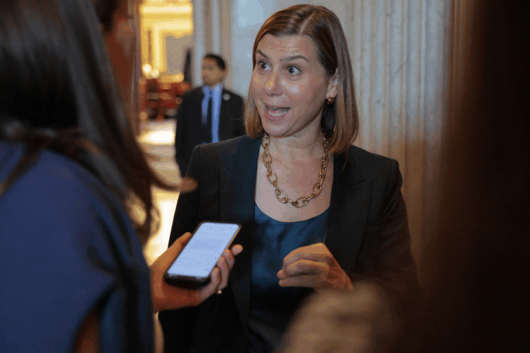 Sen. Elissa Slotkin, D-Mich., speaks to a reporter following a vote at the U.S. Capitol on August 01, 2025.