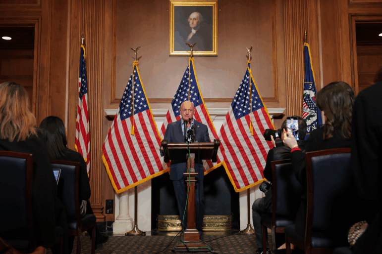 Sen. Mark Kelly, D-Ariz., speaks at a news conference in the Capitol on Dec. 1, 2025, in Washington, D.C. Kelly held the event to address what he described as intimidating actions by President Trump and Secretary of Defense Pete Hegseth, following the release of a video in which Kelly and several lawmakers urged U.S. troops to refuse “illegal orders.”