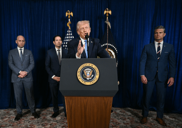 President Donald Trump, alongside (L/R) Deputy Chief of Staff Stephen Miller, Secretary of State Marco Rubio and Secretary of Defense Pete Hegseth, speaks to the media following US military actions in Venezuela, at his Mar-a-Lago residence in Palm Beach, Florida, on Jan. 3.