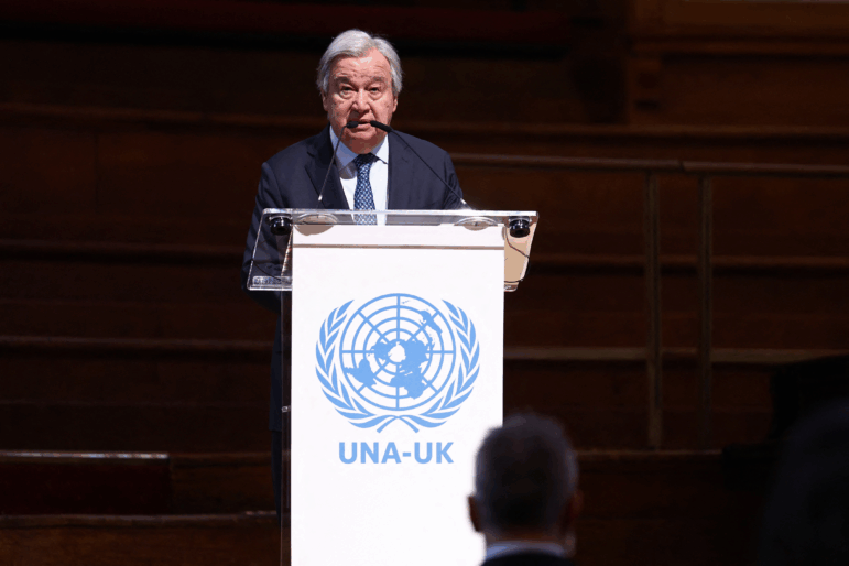 United Nations Secretary-General António Guterres speaks to mark the 80th anniversary of the founding of the U.N. General Assembly, at Methodist Central Hall, the site of the inaugural U.N. General Assembly, in London on Saturday.