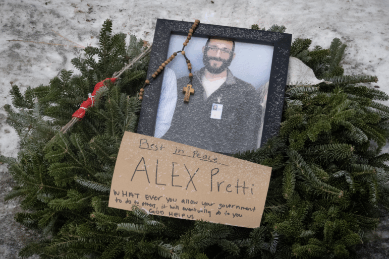 A picture sits at a memorial to Alex Pretti on Jan. 25, 2026 in Minneapolis, Minn. (Photo by