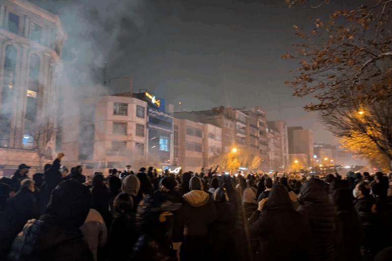 Iranian protesters gather on Enghelab (Revolution) Street during a demonstration in Tehran, Iran, on Jan. 8, 2026.
