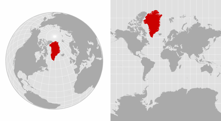 These maps show two different approaches to depicting Greenland. The left map is an orthographic projection, emulating a globe. The right map is a Mercator projection, which exaggerates the sizes of landmasses — including Greenland — that are closest to the poles.