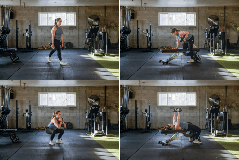Your strength-training workout doesn’t need to be complicated. Researchers recommend prioritizing just a handful of exercises, including (from left to right, clockwise) the split squat, row, bench press and goblet squat.