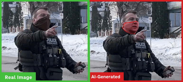 An original still image from an eyewitness video shows the masked ICE agent who shot Renee Nicole Good (Left). Users on social media "unmasked" the agent using Grok (Right). Experts warn AI cannot "unmask" individuals. NPR is publishing both images to show how AI is being used to manipulate images of news events.