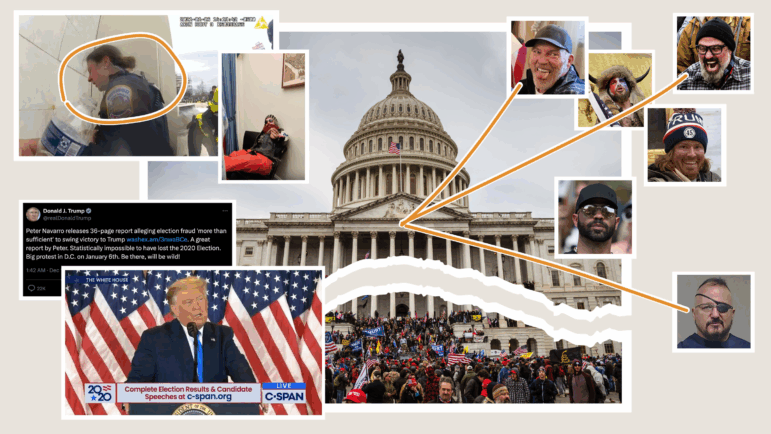 A collage of images from the Jan. 6, 2021, Capitol riot, including screen captures from videos and tweets from that time