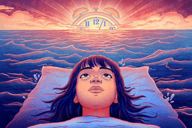 An illustration shows a person in the foreground, lying on a pillow with their eyes open, staring up at the sky. They have small red veins in their eyes, and they appear mildly distressed. They float on an open ocean, water splashing up around them as they drift toward the horizon, where a large alarm clock rises as if it were the morning sun. The person in the image is depicted in cool blue and purple color tones, with the alarm clock sunrise shown in pinks and golds, giving the image a dreamy look.
