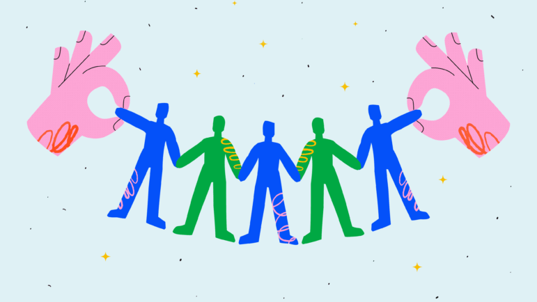 An illustration shows two floating pink hands holding a string of paper cutout people that are attached at the hands. The colors of the paper cutout people alternate between green and blue. The image symbolizes the concept of building community.