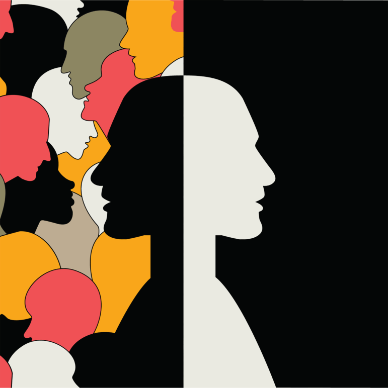 An illustration shows a frame, split in half. On the left, a black silhouette of a face in profile faces outward, surrounded by colorful silhouettes of other people. On the right, a white silhouette faces the other direction, with only a black background.