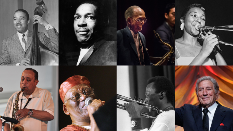 Clockwise from top left: Ray Brown, John Coltrane, Jimmy Heath, Melba Liston, Lou Donaldson, Randy Weston, Miles Davis and Tony Bennett.
