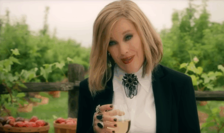 Moira Rose (Catherine O'Hara) appears in a commercial for Herb Ertlinger's fruit wine in an episode of Schitt's Creek.