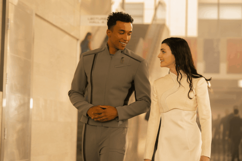 Sandro Rosta as Caleb Mir and Zoë Steiner as Tarima Sadal in Star Trek: Starfleet Academy.