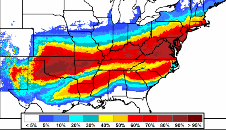 A graphic from the National Weather Service shows areas with a chance of at least moderate snow and ice impacts from Friday through Monday. A massive winter storm will affect millions in the U.S. this weekend.