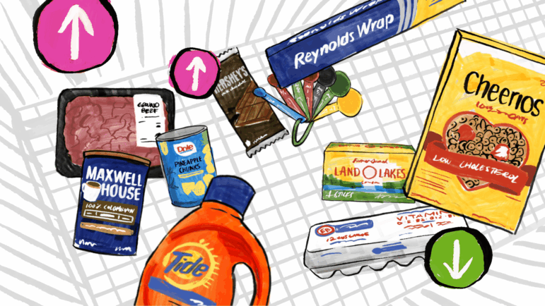 An illustration of grocery items in a shopping cart, with upward- and downward-pointing arrows above certain items.