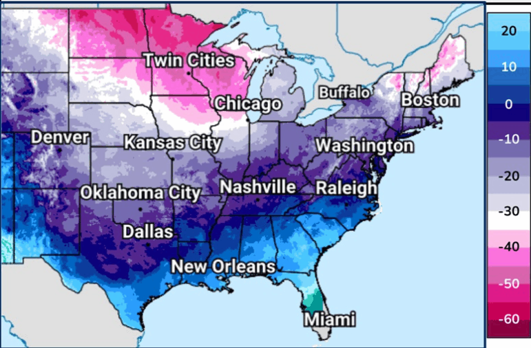 This graphic from the National Weather Service shows the minimum wind chill temperatures expected from Jan. 22 through Jan. 26 across much of the U.S.