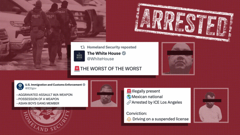 A collage which includes screenshots of posts from The White House and Department of Homeland Security with immigration-related arrest information including "the worst of the worst," facts about the person and alleged crimes they committed. There is a large stamp that says "arrested" and the DHS logo. There are also photos of people with black bars over their eyes and a photo of ICE agents. The whole image is a dark red with shades of white and black.