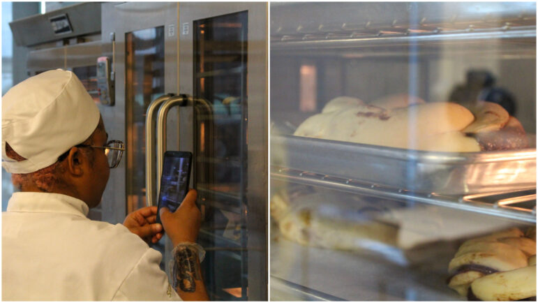 Orion Cho takes a video of her king cake as it bakes.