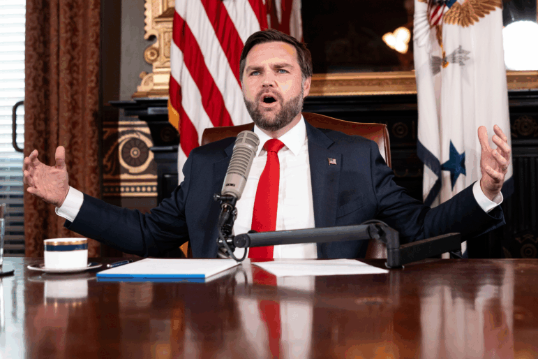 Vice President JD Vance hosts an episode of "The Charlie Kirk Show" at the White House, following the assassination of the show's namesake, Sept., 15, 2025, in Washington. (Doug Mills/The New York Times via AP, Pool)