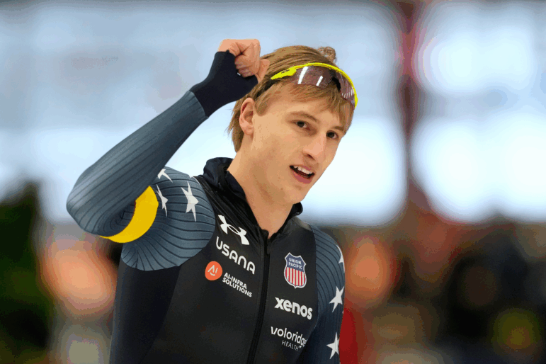 Jordan Stolz of United States reacts during the men's 1000 meters at the World Cup speedskating event in Inzell Germany, Saturday, Jan. 24, 2026. (AP Photo/Matthias Schrader)