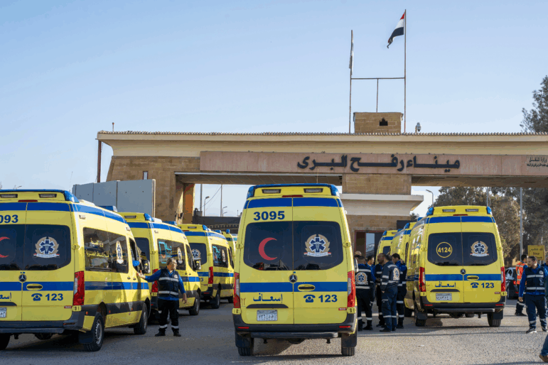 Ambulances line up to enter the Egyptian gate of the Rafah crossing on the way to the Gaza Strip, in Rafah, Egypt, Sunday, Feb. 1, 2026.