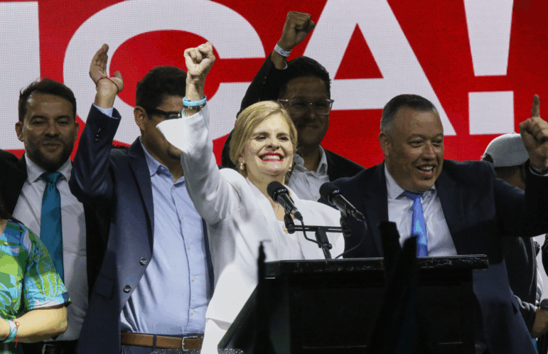 Presidential candidate Laura Fernández addresses supporters after polls closed in San José, Costa Rica, Sunday.