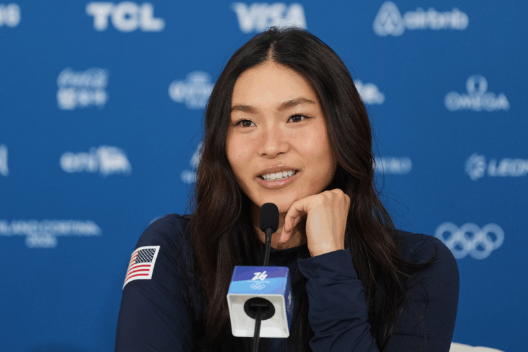 Chloe Kim speaks during a press conference in Livigno, Italy on Monday, days ahead of the women's halfpipe qualifiers.
