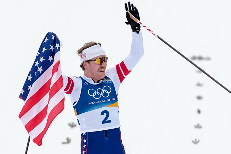 Ben Ogden, of the United States celebrates after winning the silver medal in the cross-country skiing men's sprint classic at the 2026 Winter Olympics, in Tesero, Italy, Tuesday, Feb. 10, 2026.