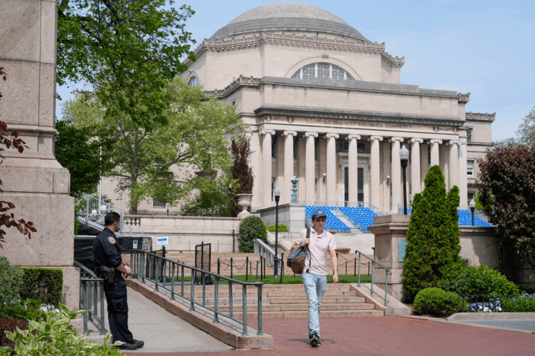 A New York City police officer keeps watch on the campus of Columbia University in New York on May 6, 2024.