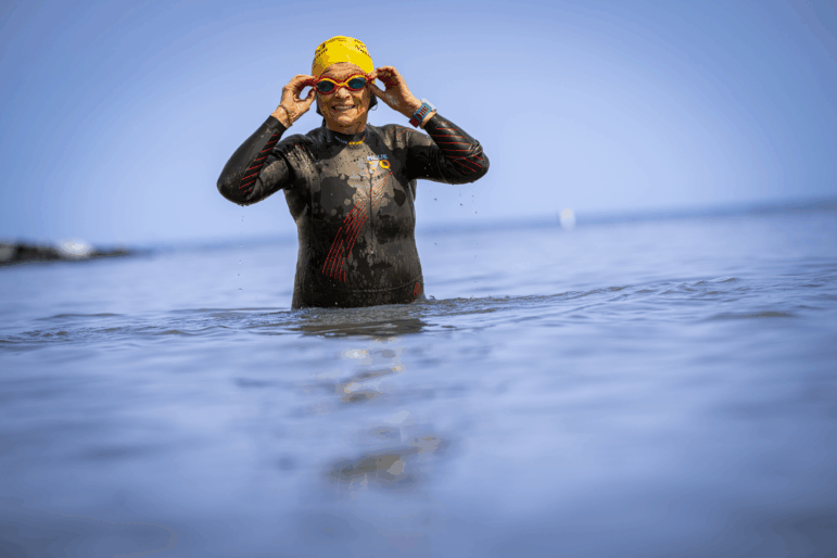 Luise Easton has kept competing in triathlons into her 80s, despite a heart condition. She still gets a thrill out of winning.