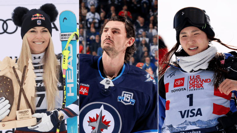 Side-by-side photos of Alpine skiier Lindsey Vonn, NHL player Connor Hellebuyck and halfpipe snowboarder Chloe Kim.