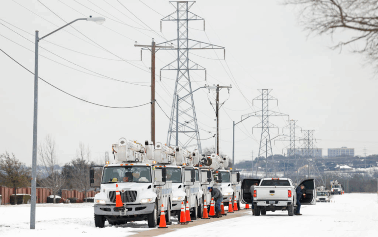 FORT WORTH, TX - FEBRUARY 16: Pike Electric service trucks line up after a snow storm on February 16, 2021 in Fort Worth, Texas. Winter storm Uri has brought historic cold weather and power outages to Texas as storms have swept across 26 states with a mix of freezing temperatures and precipitation.