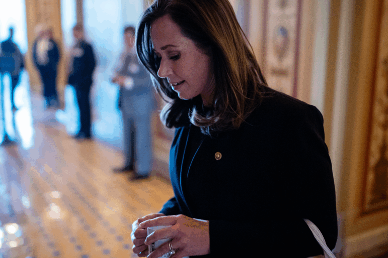 Sen. Katie Britt, R-Ala., arrives for a meeting on Capitol Hill on June 18, 2024. Britt has taken on a leading role helping negotiate changes to immigration enforcement.