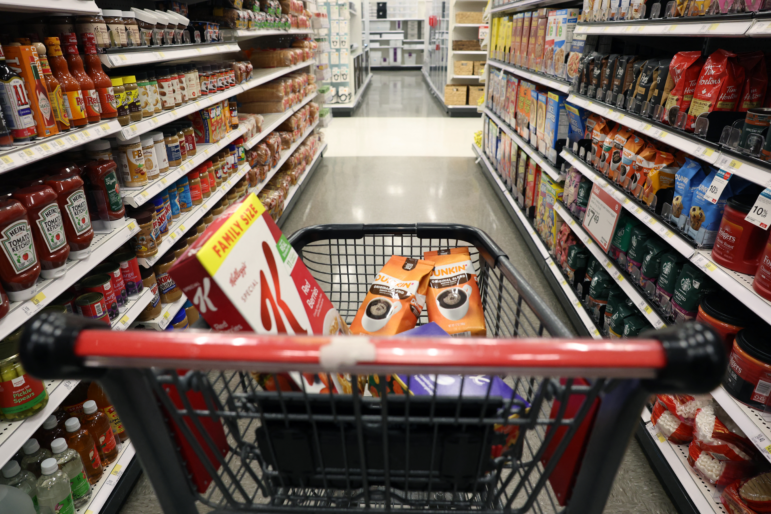 A shopping cart with groceries at a Target store in New York City on April 10, 2025.