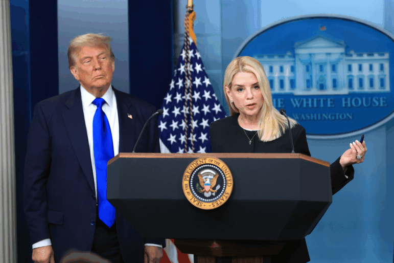 Attorney General Pam Bondi speaks alongside President Donald Trump in the briefing room at the White House in June 2025 in Washington, D.C.