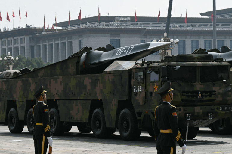 A DF-17 road-mobile medium-range ballistic missile is seen during a military parade marking the 80th anniversary of victory over Japan and the end of World War II, in Beijing's Tiananmen Square on September 3, 2025.
