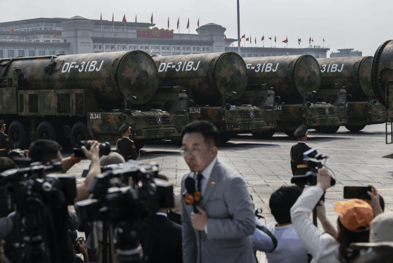 Nuclear capable DF-31BJ ballistic missiles are seen as they are unveiled on transporters during a military parade in Beijing, China on September 3, 2025. China is undergoing a massive expansion of its nuclear arsenal.