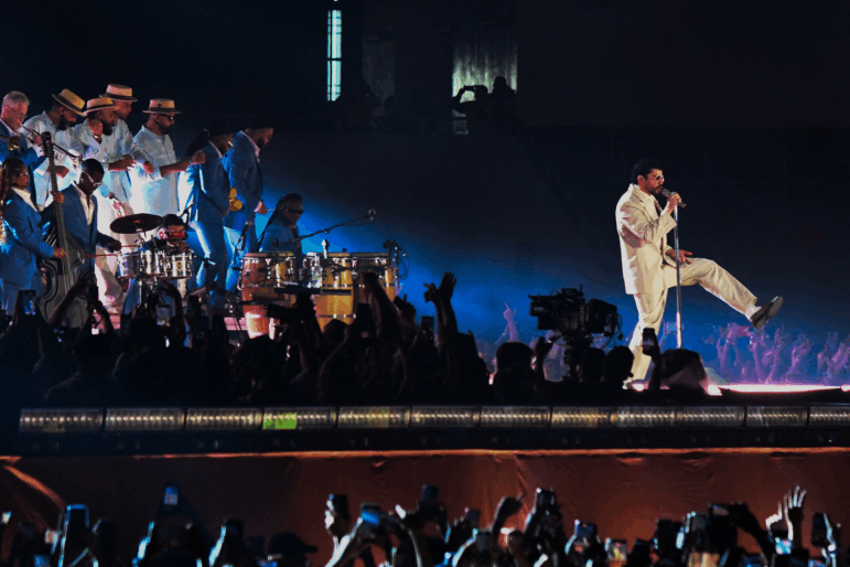 Bad Bunny performs during his "Debi tirar mas fotos" world tour in San Jose, Costa Rica on December 5, 2025. On Sunday, Feb. 8, he will play at the halftime of Super Bowl LX in Santa Clara, Calif.