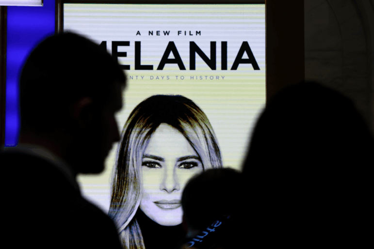 Advertisements for the First Lady's new film are displayed as Melania Trump appears at the New York Stock Exchange (NYSE) where she rang the opening bell on Jan. 28, 2026 in New York City.